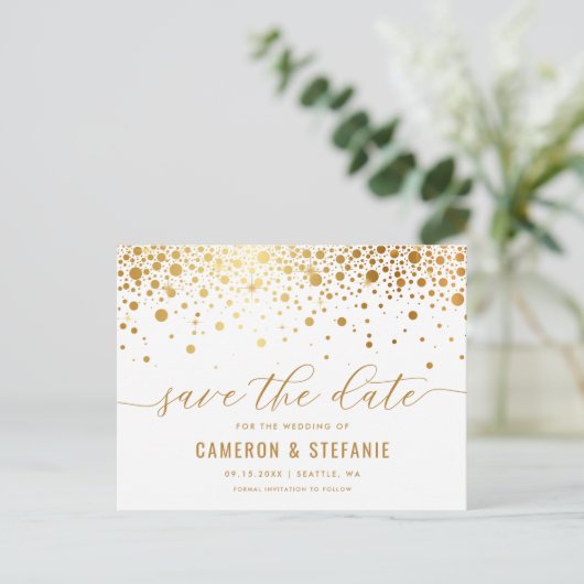 Elegant Gold Foil Confetti White Save the Date Briefkaart (Staand voorkant)