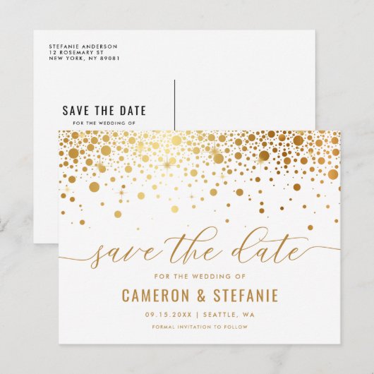Elegant Gold Foil Confetti White Save the Date Briefkaart (Voorkant / Achterkant)