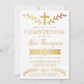 Elegant Gold Foil Cross & Foliage Christening Kaart (Voorkant)
