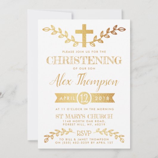 Elegant Gold Foil Cross & Foliage Christening Kaart (Voorkant)