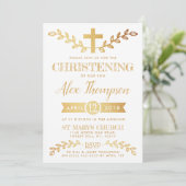Elegant Gold Foil Cross & Foliage Christening Kaart (Staand voorkant)