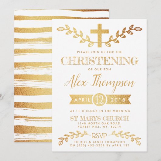Elegant Gold Foil Cross & Foliage Christening Kaart (Voorkant / Achterkant)