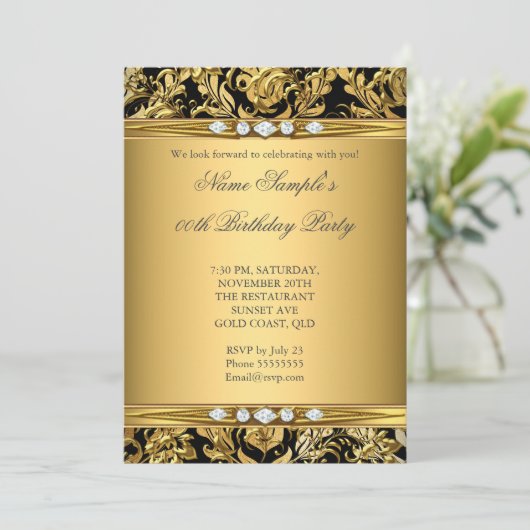 Elegant Gold Foil Damask Black Diamond Birthday Kaart (Staand voorkant)