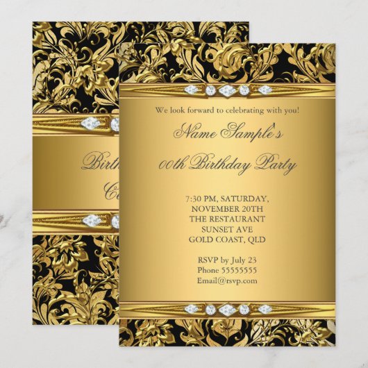 Elegant Gold Foil Damask Black Diamond Birthday Kaart (Voorkant / Achterkant)