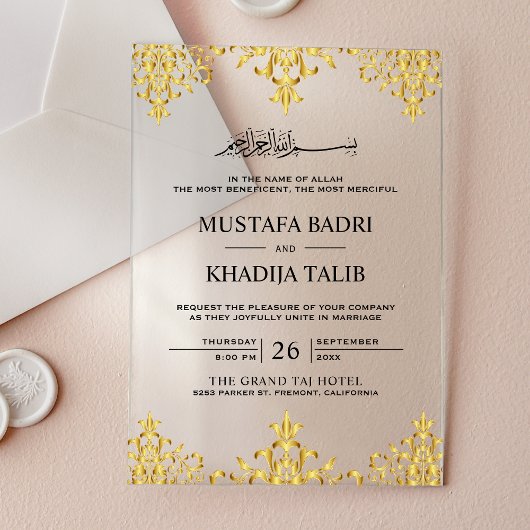 Elegant Gold Foil Damask Islamic Wedding Acryl Uitnodigingen