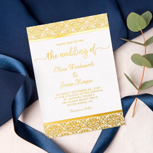 Elegant Gold Foil Damask White Wedding Folie Uitnodiging