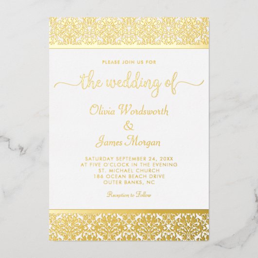 Elegant Gold Foil Damask White Wedding Folie Uitnodiging (Voorkant)