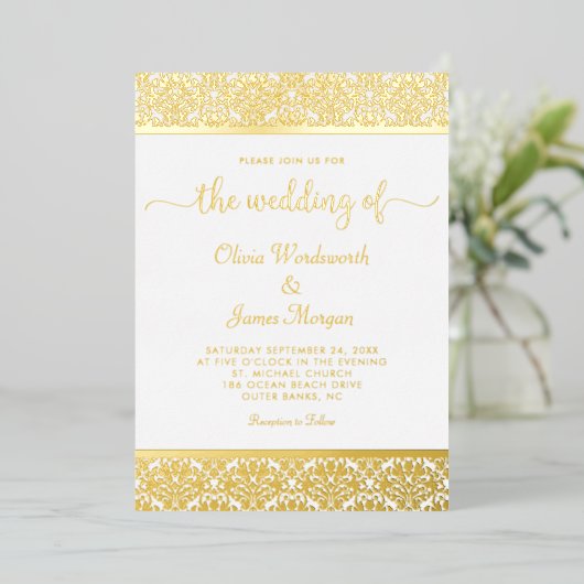 Elegant Gold Foil Damask White Wedding Folie Uitnodiging (Staand Voorkant)