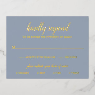 Elegant Gold Foil Dusty Blue Wedding RSVP Card Folie Uitnodiging Briefkaart