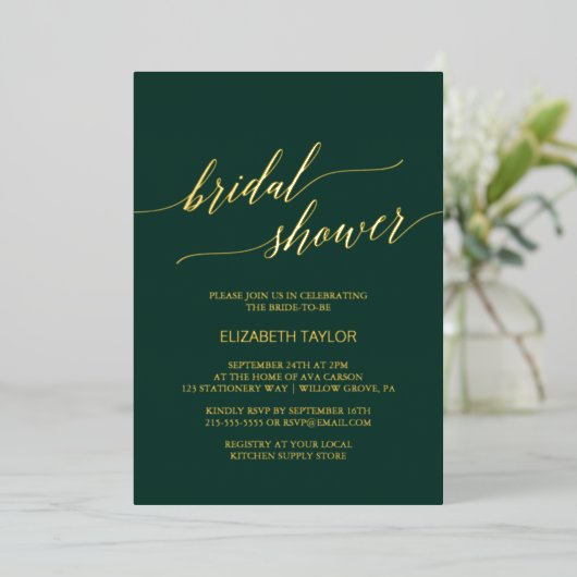 Elegant Gold Foil | Emerald Green Vrijgezellenfees Folie Uitnodiging (Staand Voorkant)