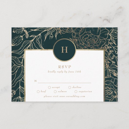 Elegant Gold Foil & Emerald Green Wreath Monogram RSVP Kaartje (Voorkant)