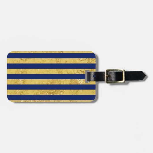 Elegant Gold Foil en Blue Stripe Pattern Bagagelabel (Voorkant horizontaal)