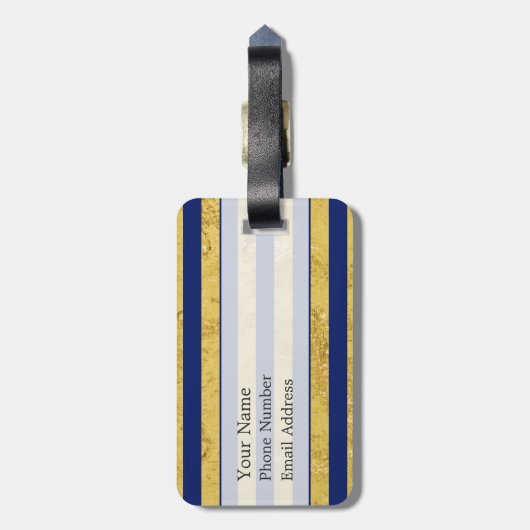 Elegant Gold Foil en Blue Stripe Pattern Bagagelabel (Achterkant verticaal)