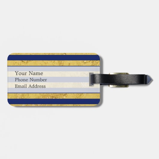 Elegant Gold Foil en Blue Stripe Pattern Bagagelabel (Achterkant horizontaal)