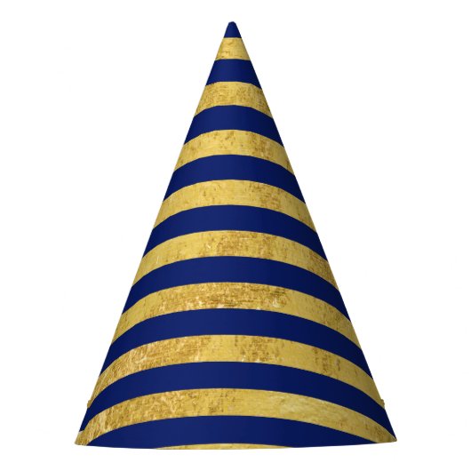 Elegant Gold Foil en Blue Stripe Pattern Feesthoedjes (Voorkant)