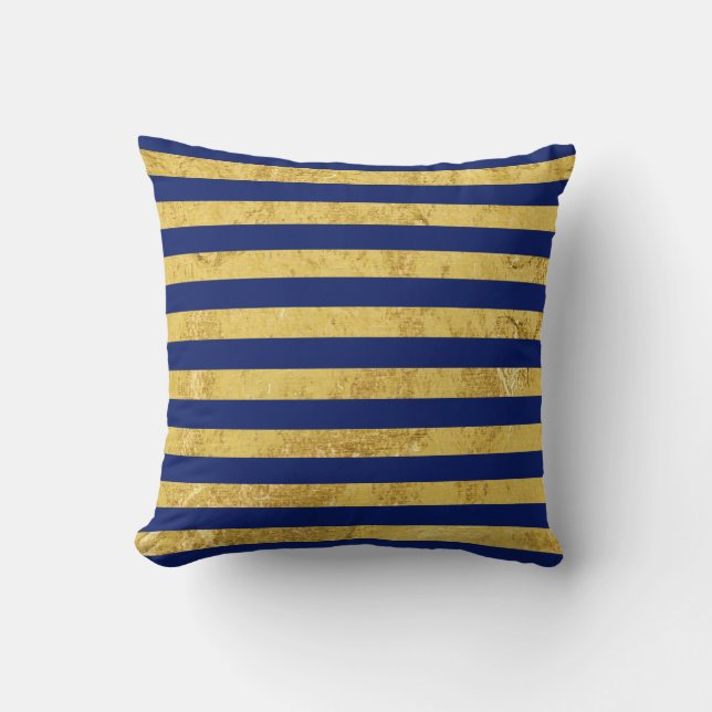 Elegant Gold Foil en Blue Stripe Pattern Kussen (Voorkant)