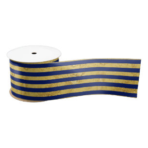 Elegant Gold Foil en Blue Stripe Pattern Satijnen Lint