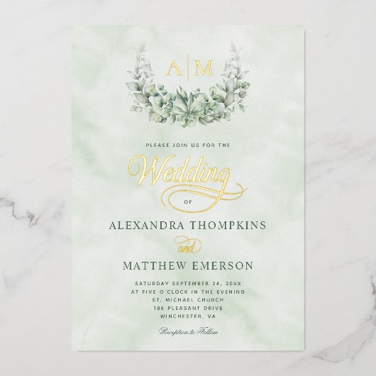 Elegant Gold Foil Eucalyptus Monogram Weddenschap Folie Uitnodiging (Voorkant)