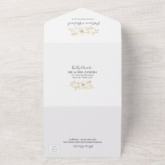 Elegant Gold Foil Floral Monogram Weddenschap All In One Uitnodiging (Buitenkant)