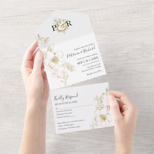 Elegant Gold Foil Floral Monogram Weddenschap All In One Uitnodiging (Afscheurbaar)