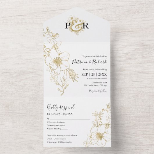 Elegant Gold Foil Floral Monogram Weddenschap All In One Uitnodiging (Binnen)