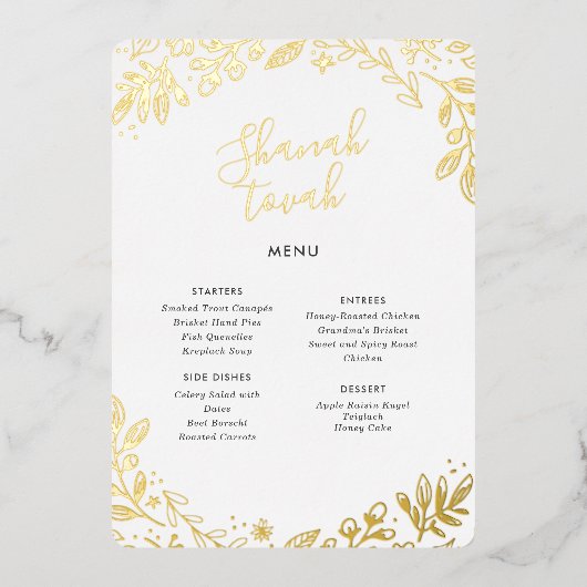 Elegant Gold Foil Floral Rosh Hashanah Dinner Menu (Voorkant)