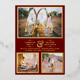 Elegant GOLD FOIL Foto Collage Burgundy Wedding Folie Uitnodiging