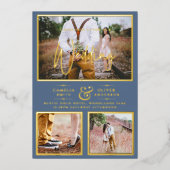 Elegant GOLD FOIL Foto Collage Dusty Blue Wedding Folie Uitnodiging (Voorkant)