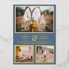 Elegant GOLD FOIL Foto Collage Dusty Blue Wedding Folie Uitnodiging