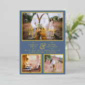 Elegant GOLD FOIL Foto Collage Dusty Blue Wedding Folie Uitnodiging (Staand Voorkant)
