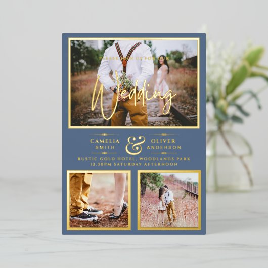 Elegant GOLD FOIL Foto Collage Dusty Blue Wedding Folie Uitnodiging (Staand Voorkant)