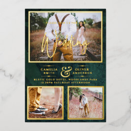 Elegant GOLD FOIL Foto Collage Green Wedding Folie Uitnodiging