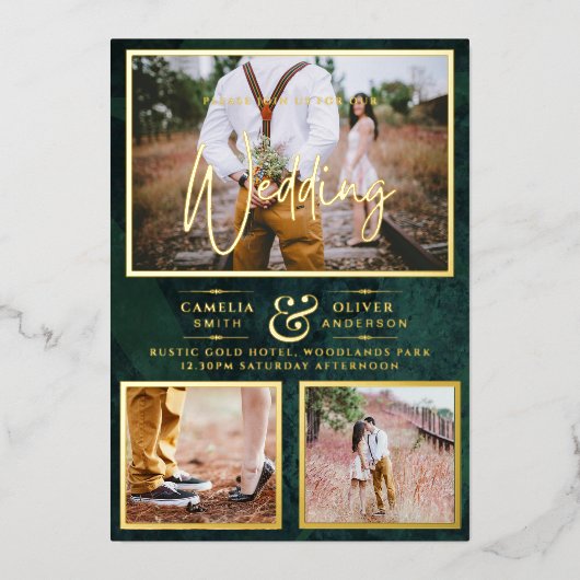 Elegant GOLD FOIL Foto Collage Green Wedding Folie Uitnodiging (Voorkant)