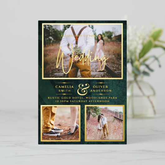 Elegant GOLD FOIL Foto Collage Green Wedding Folie Uitnodiging (Staand Voorkant)