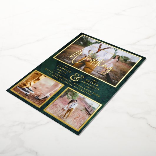 Elegant GOLD FOIL Foto Collage Green Wedding Folie Uitnodiging (Gedraaid)
