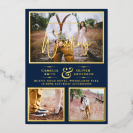 Elegant GOLD FOIL Foto Collage Navy Blue Wedding Folie Uitnodiging