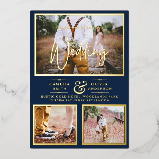Elegant GOLD FOIL Foto Collage Navy Blue Wedding Folie Uitnodiging (Voorkant)
