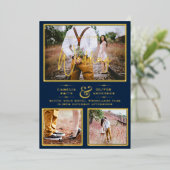 Elegant GOLD FOIL Foto Collage Navy Blue Wedding Folie Uitnodiging (Staand Voorkant)