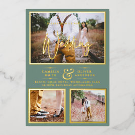 Elegant GOLD FOIL Foto Collage Sage Weddenschap Folie Uitnodiging