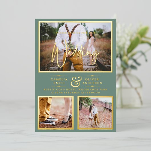 Elegant GOLD FOIL Foto Collage Sage Weddenschap Folie Uitnodiging (Staand Voorkant)