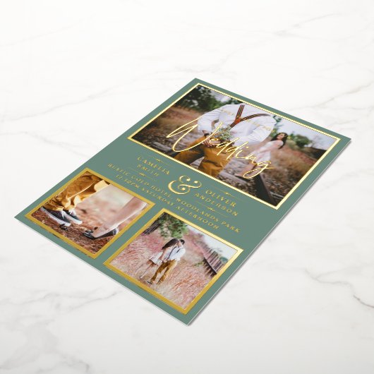 Elegant GOLD FOIL Foto Collage Sage Weddenschap Folie Uitnodiging (Gedraaid)