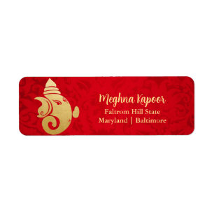Elegant Gold Foil Ganapati Indian God Red Damask Etiket