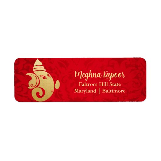 Elegant Gold Foil Ganapati Indian God Red Damask Etiket (Voorkant)