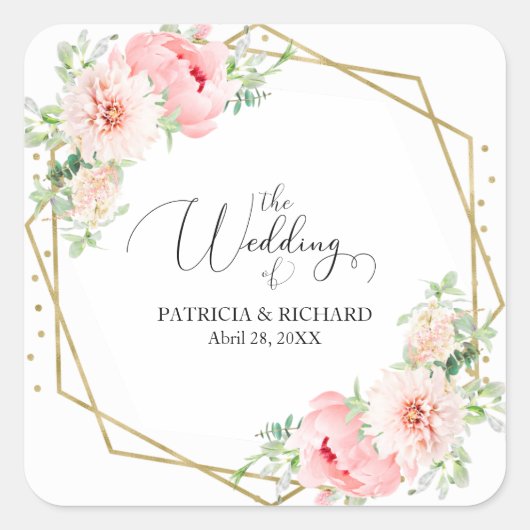 Elegant Gold Foil Geometric Blush Floral Wedding Vierkante Sticker (Voorkant)