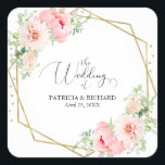 Elegant Gold Foil Geometric Blush Floral Wedding Vierkante Sticker<br><div class="desc">Elegante Gold Folie Geometrische Blush Bloemen Trouwplein Sticker</div>