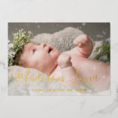Elegant Gold Foil Girl Foto geboorteaankondiging Folie Uitnodiging (Voorkant)