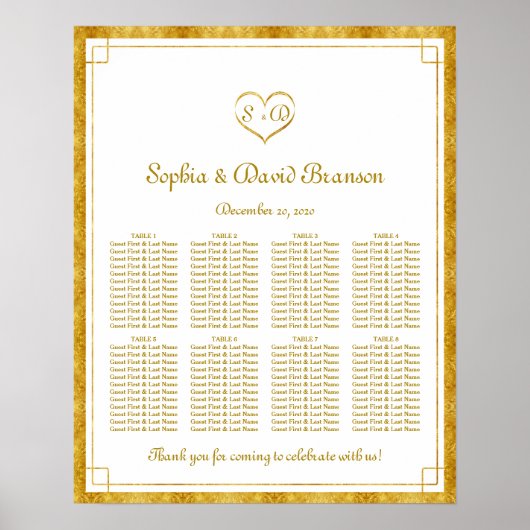 Elegant Gold Foil Heart Lijst Weddin Seed Chart Poster (Voorkant)