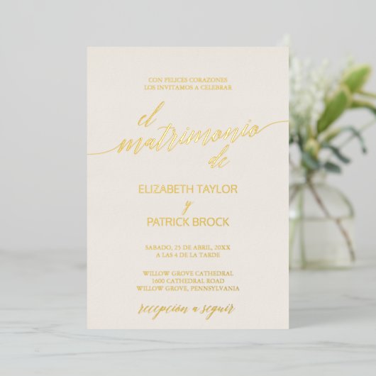Elegant Gold Foil | Ivoor-Spaanse bruiloft Folie Uitnodiging (Staand Voorkant)