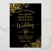 Elegant Gold Foil Lace op Black Classy Wedding Folie Uitnodiging (Voorkant)