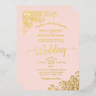 Elegant Gold Foil Lace op Blush Pink Weddenschap Folie Uitnodiging